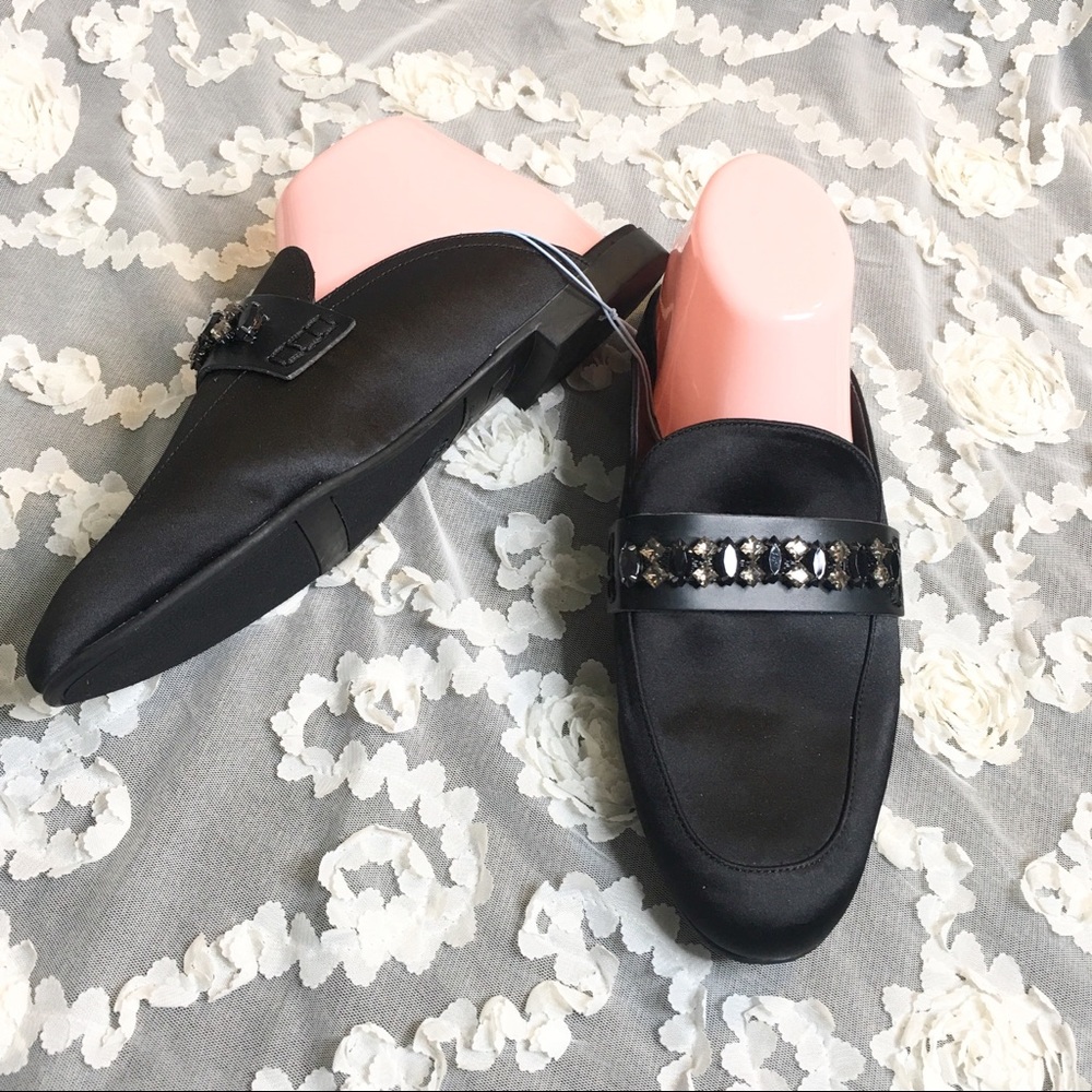 Libby Edelman Rhinestone Black Satin Flats Slides Size 8.5